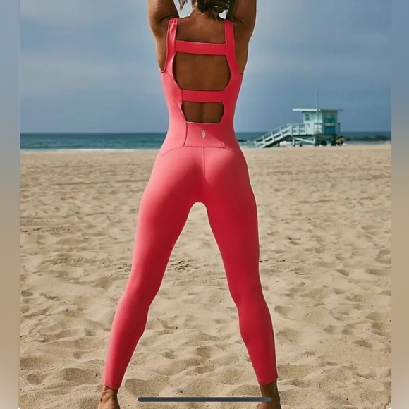 Free People MOVEMENT Never Better Onesie Romper Neon Coral size medium - Picture 2 of 7